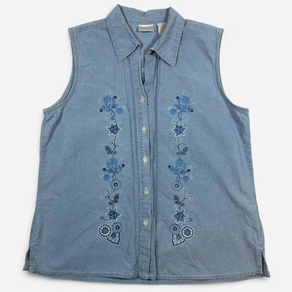 Erika Sleeveless Button Front Shirt Womens L Vintage Cotton Embroidered